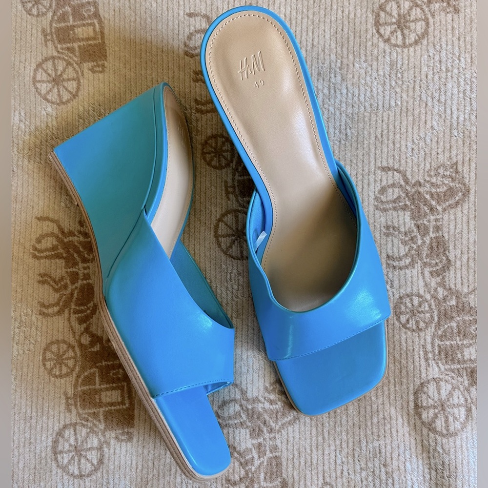H&M Turquoise Blue Square-Toe Wedge Slide Sandals
